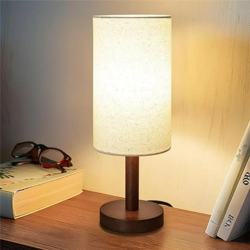Small table lamp wood base linen shade LED nightstand light for bedroom desk